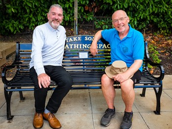 Tony McLaren (L) in conversation with John Gibson (R) on the Breathing Space Bench at Huntlyburn.
